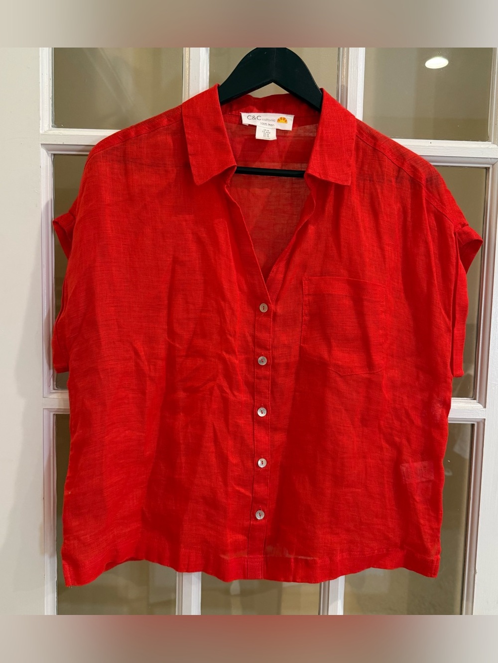 C& C California 100% Linen Fire Engine Red Button Down Cap Sleeves Blouse Medium